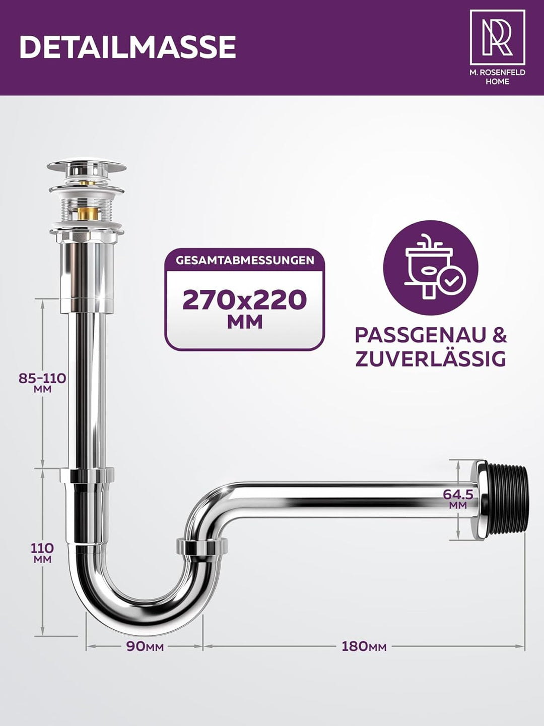 Siphon Waschbecken 1 1/4" Grösse L – Höhenverstellbarer Röhrensiphon 85–110 mm – Edelstahl Geruchsve