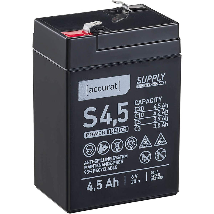 Accurat Supply AGM Solarbatterie S4,5-6V, 4,5Ah, 30% mehr Kapazität, zyklenfest- VRLA Versorgungsbat