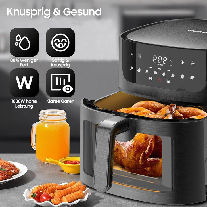 Iceagle Heissluftfritteuse XXL Air Fryer 9L - Heissluftfriteuse mit Grosses Sichtfenster | Friteuse