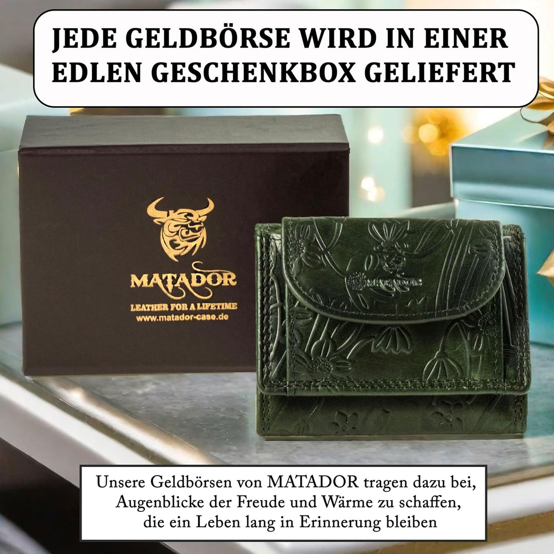 MATADOR Mini Geldtasche Echt Leder Herren Portemonnaie Klein Damen Blumen Muster Grün Klein Geldbörs