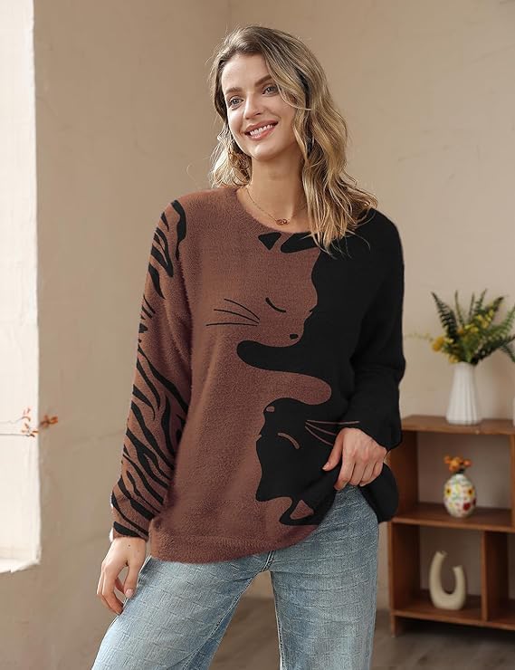 Janein Damen Pullover Oversize Lang Strickpullover Herbst Winter Rundhals Sweater mit Blumenmuster W