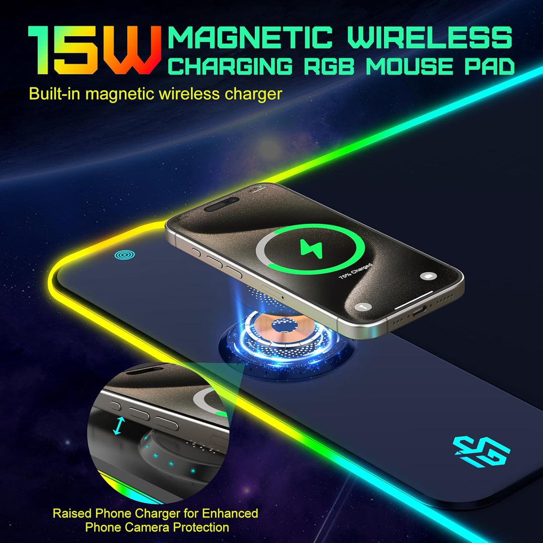 RGB Gaming Mauspad 15W Qi Mousepad LED 900x400x4mm 10 Beleuchtungsmodi mit 10W Schnellladung Qi Kabe
