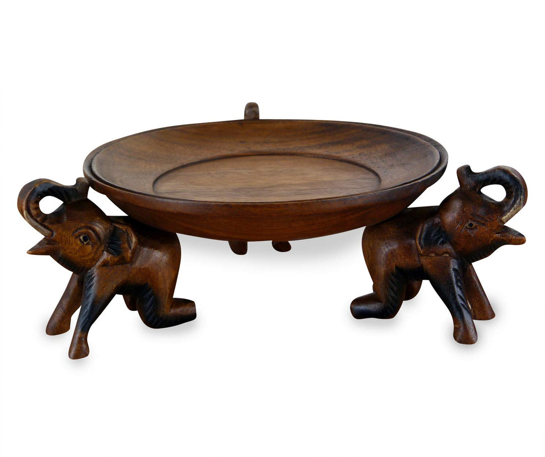 livasia Obstschale, Gebäckschale mit Elefanten aus Holz, Brotschale, asiatische Deko Schale Run, Hol