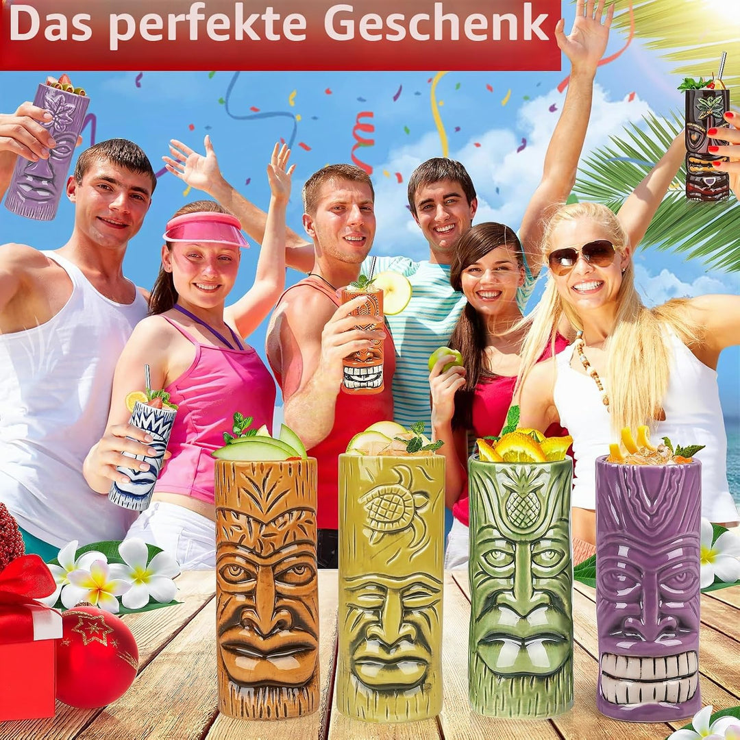 SuproBarware Tiki Tassen Set von 12 - Grosse Cocktail Tiki Gläser Hawaii Party Niedlich Exotische Co