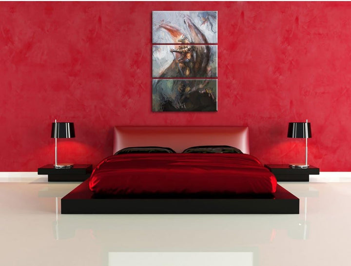 Pixxprint Drachenmann als Leinwandbild/Grösse: 3 Teilig (120x80) cm/Wandbild/Kunstdruck/fertig bespa