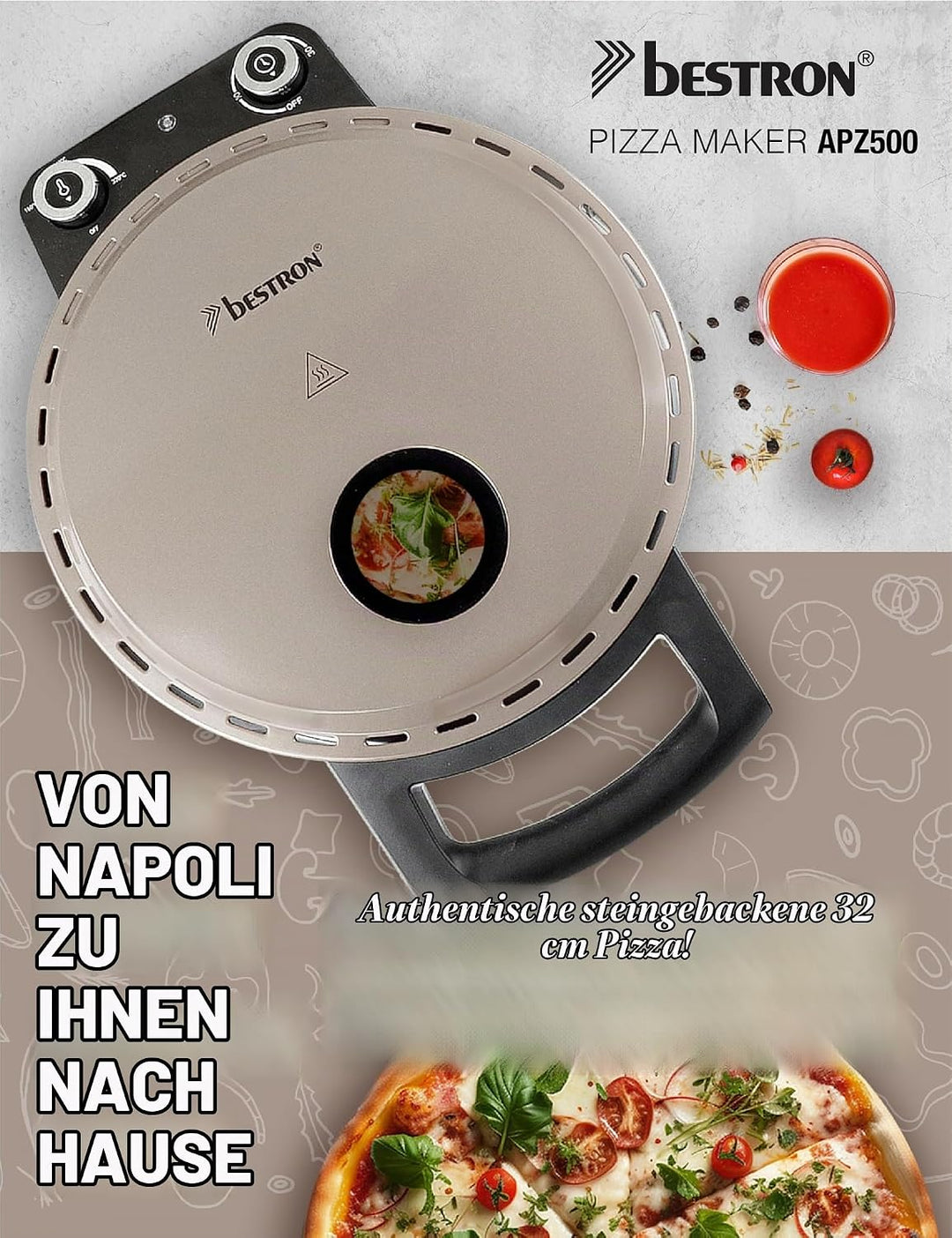 Bestron Pizzaofen für knusprige Pizzen in 5-10 Minuten, elektischer Pizzaofen mit bis zu echten 320°