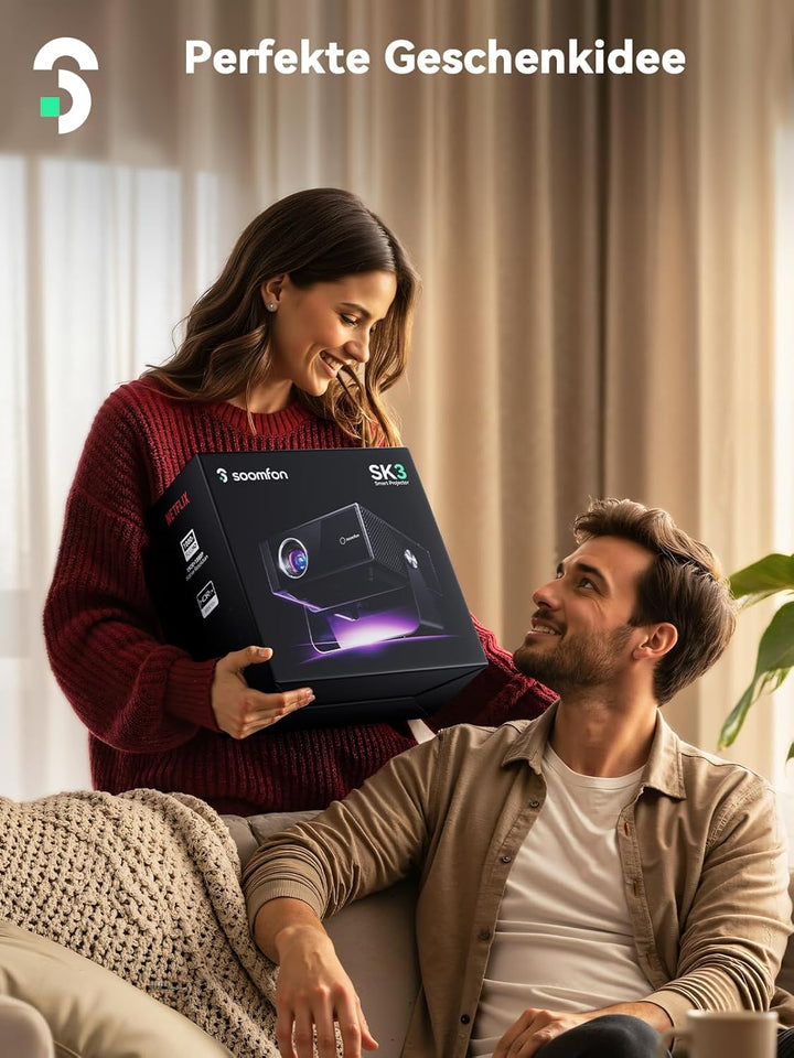 SOOMFON Smart Beamer 4K Heimkino - Kleiner Beamer für Handy Autofokus ＆ Trapezkorrektur, Mini Projek