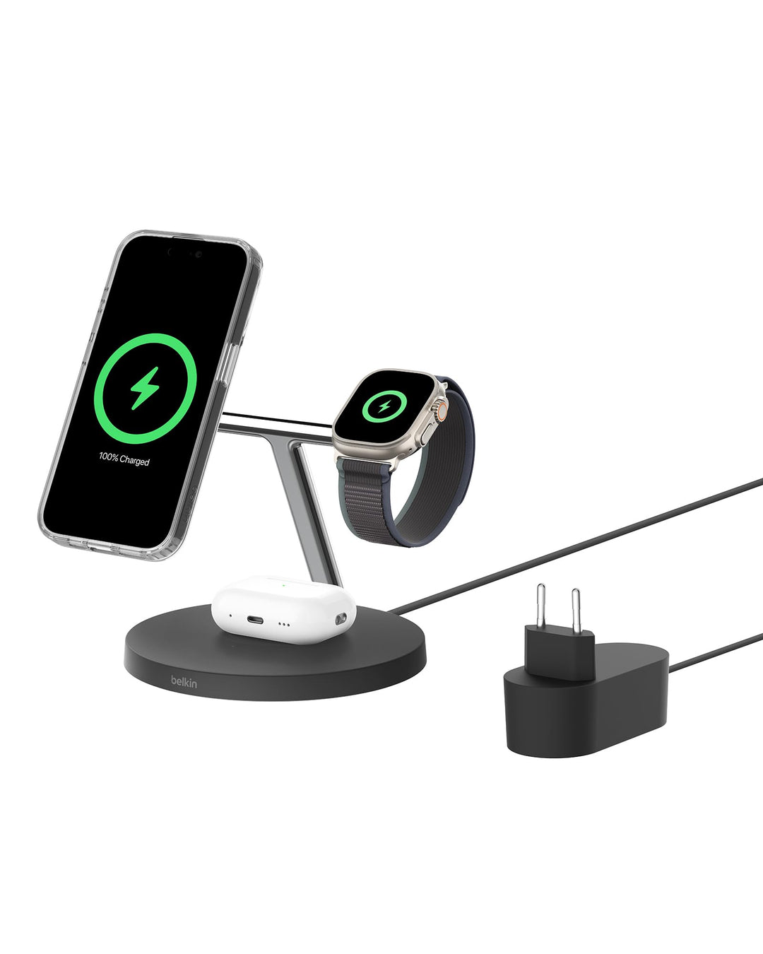 Belkin BoostCharge Pro 3-in-1 Qi2 Kabelloses Ladegerät, MagSafe-Kompatibles Ladegerät, Induktive Lad