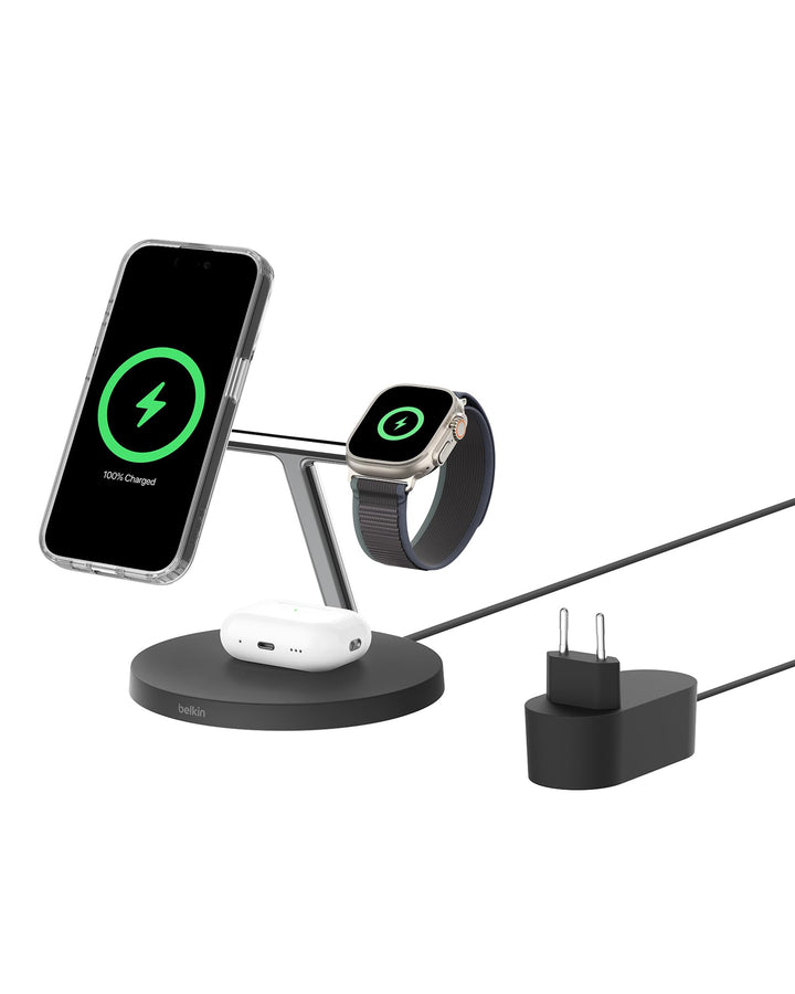 Belkin BoostCharge Pro 3-in-1 Qi2 Kabelloses Ladegerät, MagSafe-Kompatibles Ladegerät, Induktive Lad