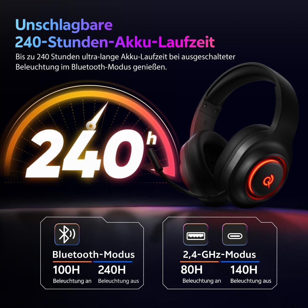 QCY HEROAD V200 Gaming Headset,2.4GHz Wireless Headset mit mikrofon für PS5,PS4,PC,Switch,Abnehmbare