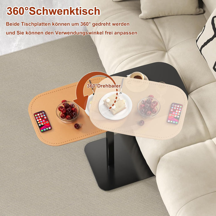 Beistelltisch C Form Höhenverstellbar, Klein Couchtisch Holz Sofatisch, Doppelter Tischplatte Laptop