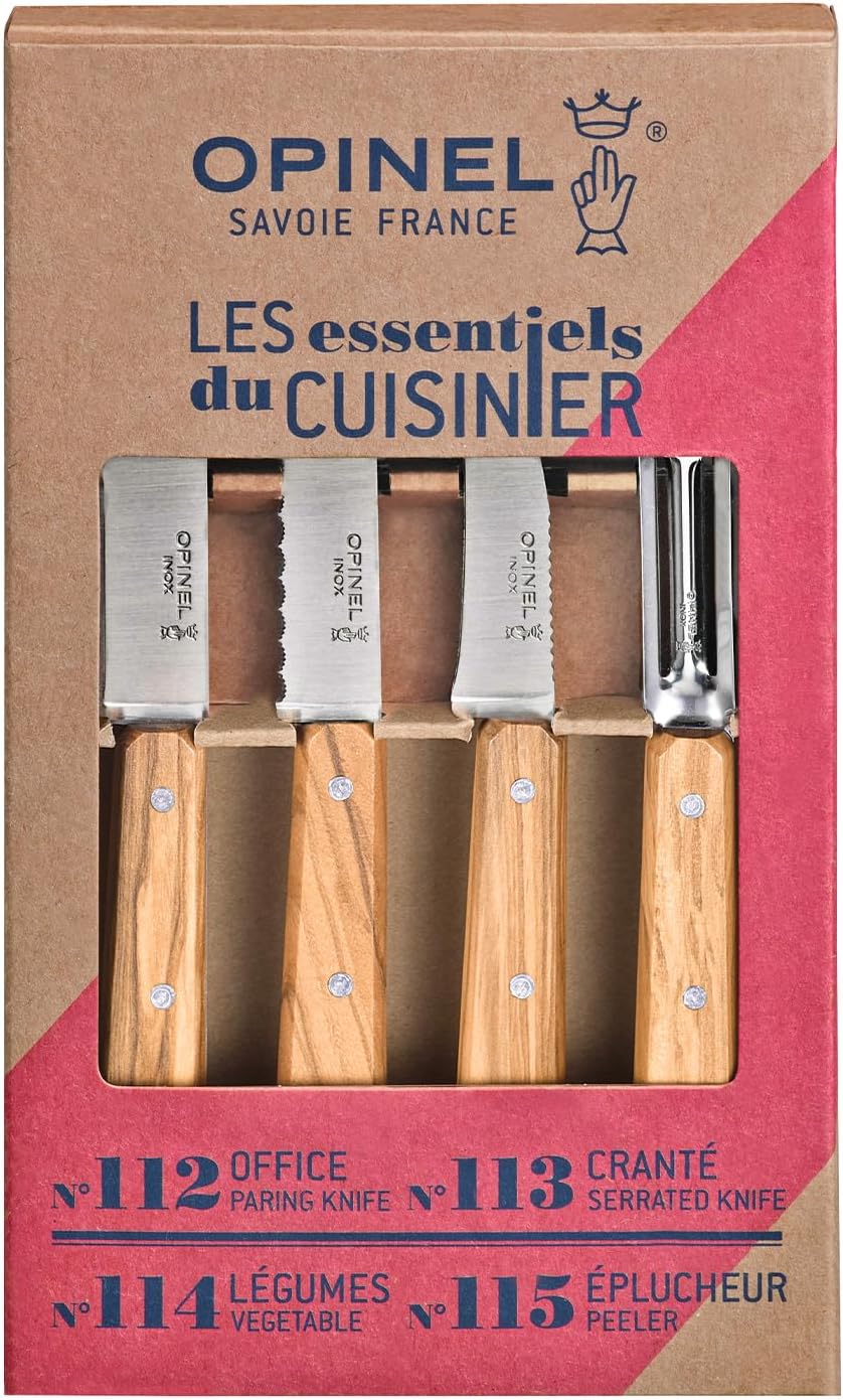 Opinel 254458 Essentials Küchenmesser Set-4 teilig-rostfreier Sandvik Stahl-Olivenholz Griffe, Mehrf