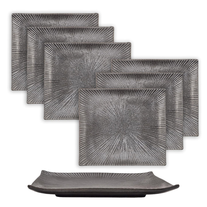 INTIRILIFE 6x Sushi Platte Servier Teller aus Porzellan in Schwarz - 26 x 23.4 x 3.8 cm - Japanische