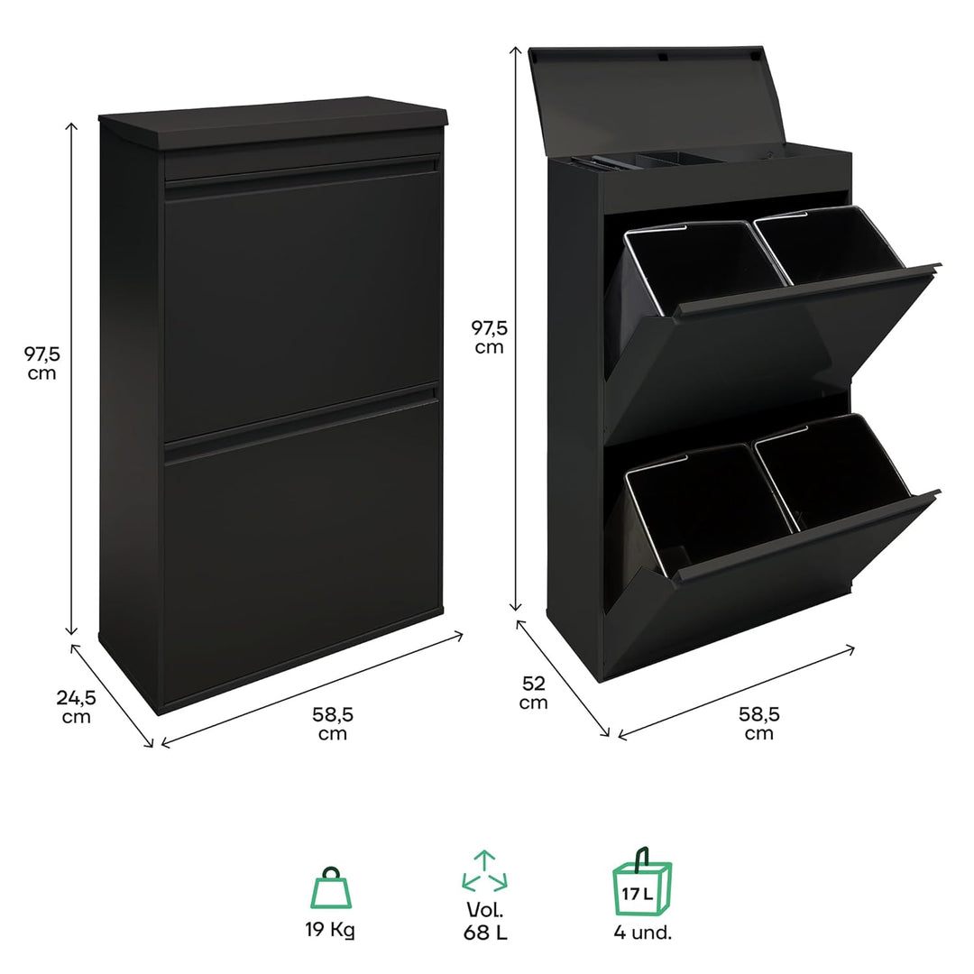 ARREGUI Top CR626-B Mülltrennsystem aus Stahl mit Aufbewahrungsbox mit Deckel | 4 Fächer Mülleimer f