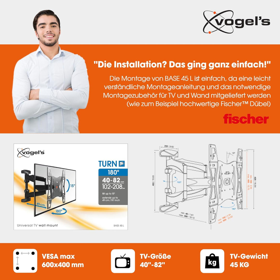 Vogel's BASE 45 L schwenkbare TV Wandhalterung für 40-80 Zoll Fernseher, max. 45 kg, bis zu 180° Sch