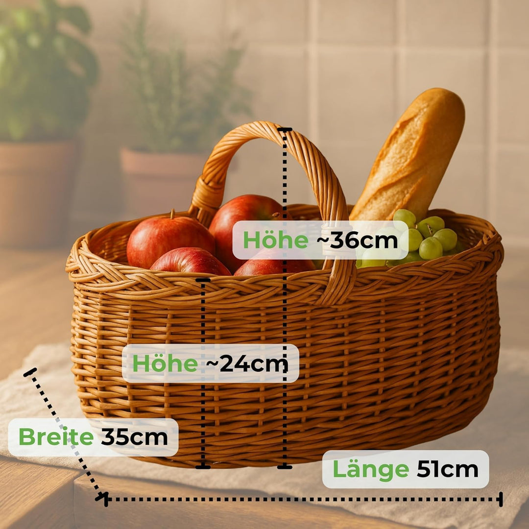 Grosser Einkaufskorb/Autokorb aus Weide mit Henkel und Stoffeinlage (Schottenkaro, rotkariert) | mit