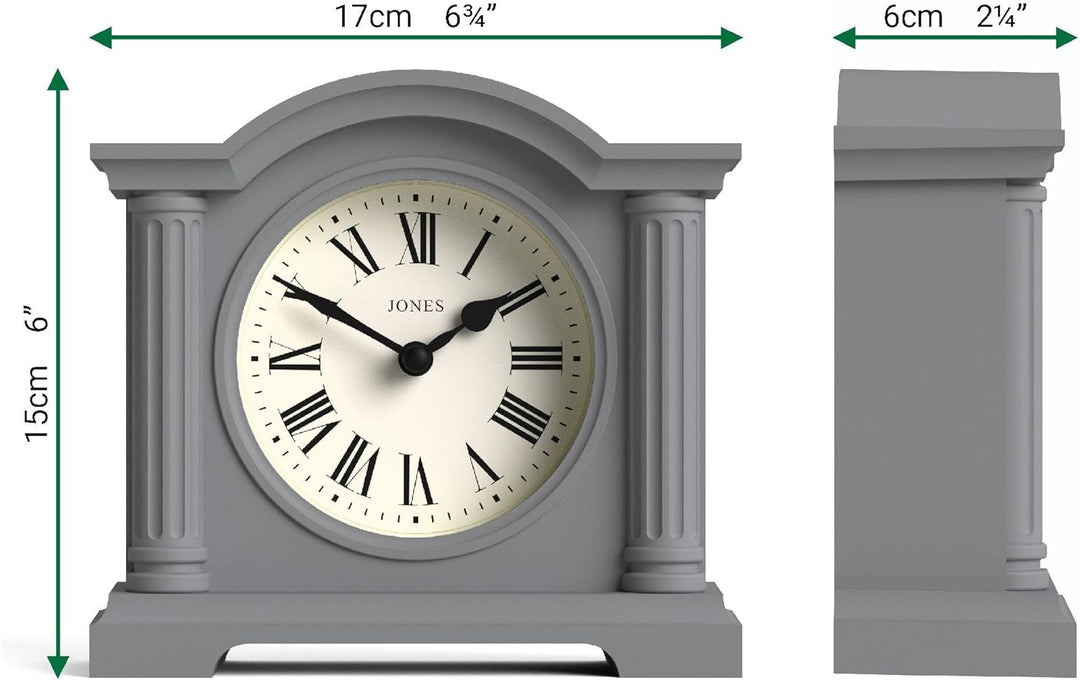 JONES CLOCKS® Kensington Kaminuhr | Klassische Uhr mit gewölbtem Oberteil | Grau | Stilvoll & modern