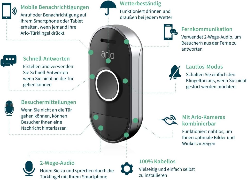 Arlo Smart Chime kabellose Klingel (für Arlo Doorbell, akustisches und visuelles Signal, einstellbar