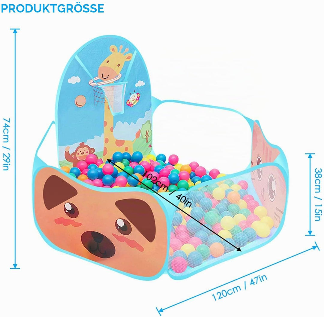Ruspela Kinder Pop Up Faltbares Cartoon Spielzelt Pit Pool mit Basketballkorb Blau