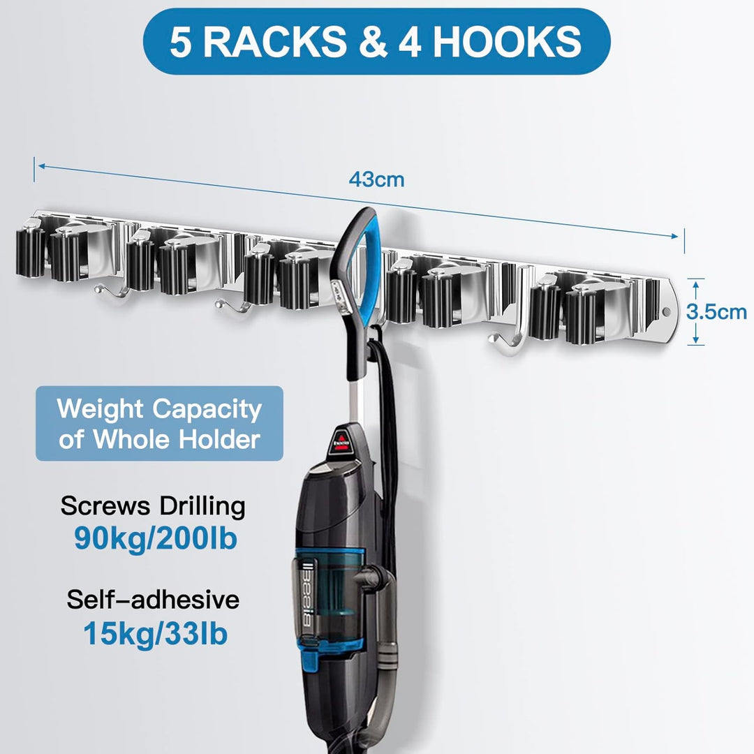 ibell 2 Stück Besenhalterung Wand, 10 Halter + 8 Haken Gerätehalter Edelstahl Selbstklebend, Garteng