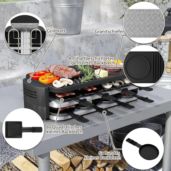 FIVMEN Raclette 8 Personen Raclette Grill 1600W mit 14 Pfännchen, Granitplatte & Antihaftplatte Elec