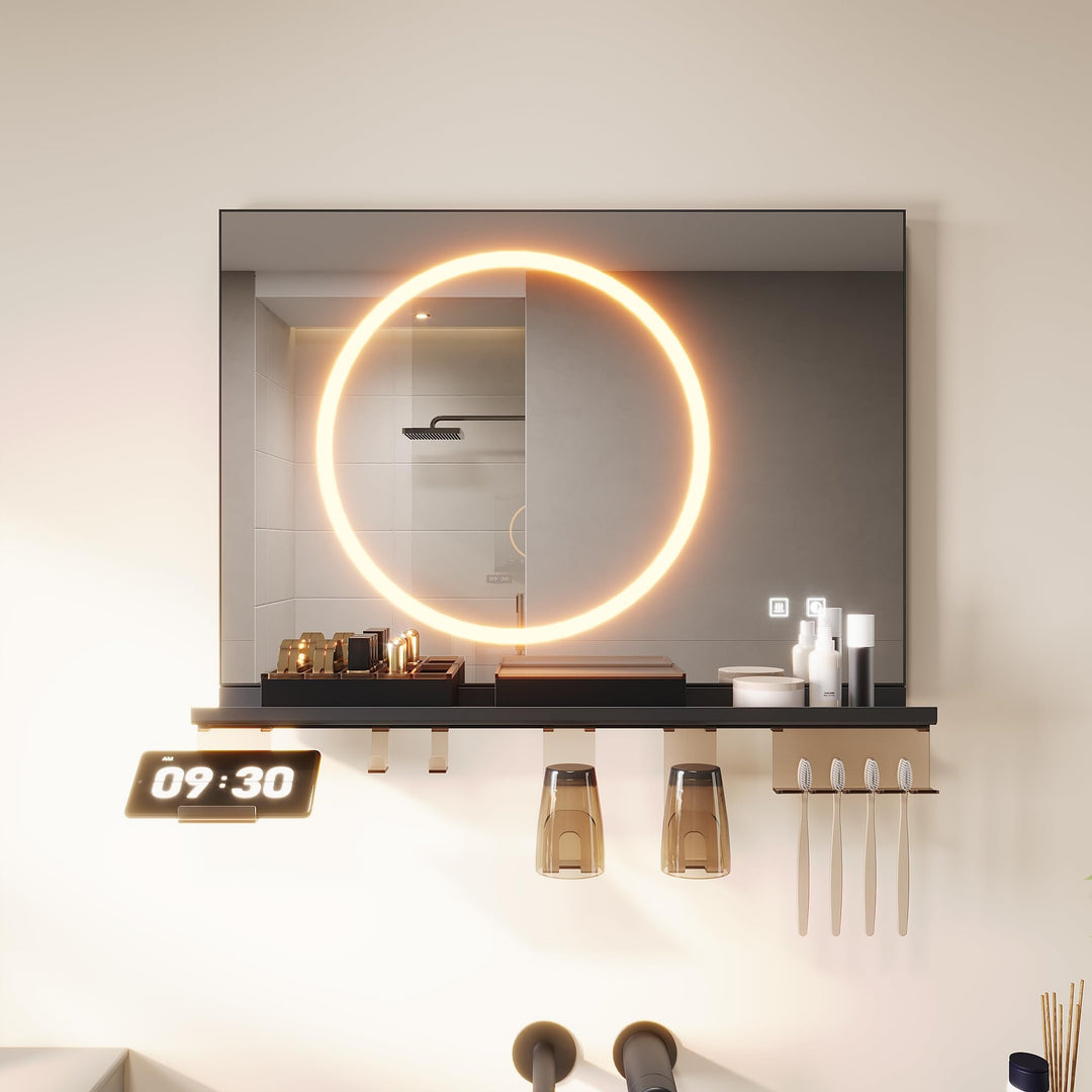 SONNI LED Badspiegel 70x50cm mit 70cm Ablage, Touch Badezimmerspiegel 3 Lichtfarben, Anti-Beschlag &