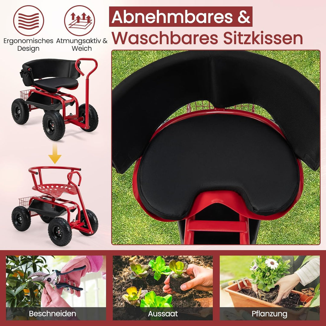 GOPLUS Rollsitz, Mobiler Gartensitz mit Griff, Höhenverstellbarer drehbarer Arbeitssitz mit Rückenle