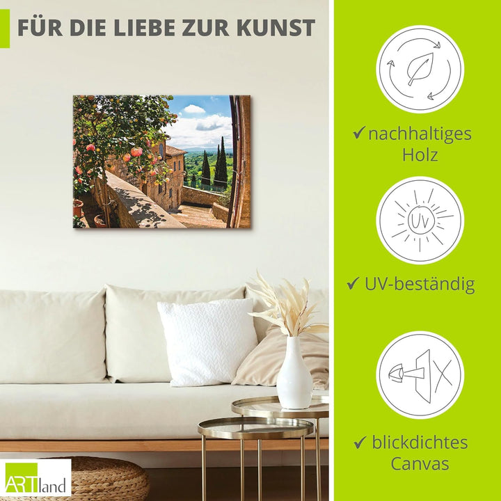Artland Leinwandbild Wandbild Bild auf Leinwand 60x45 cm Wanddeko Fensterblick Toskana Landschaft Ga