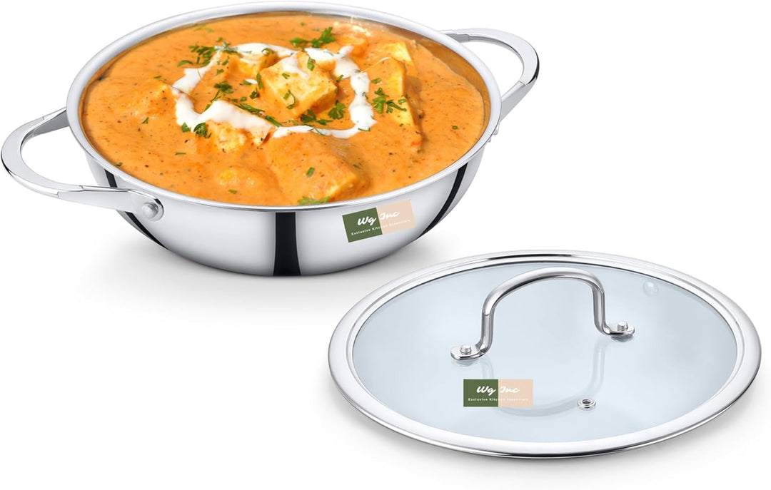 Edelstahl-Wok mit Deckel, Triply Kadhai, dreifach 22 cm grosse Pfanne zum Braten, Eintöpfe, Saucen,