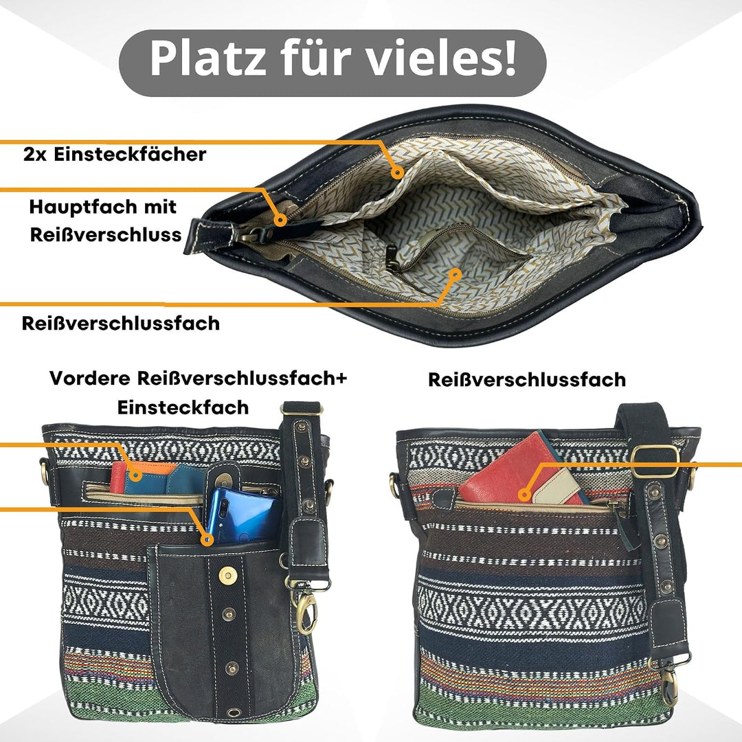 Sunsa Damen Umhängetasche. Crossbody Bag mit Streifen Design. Schultertasche aus Baumwolle &amp; Leder.