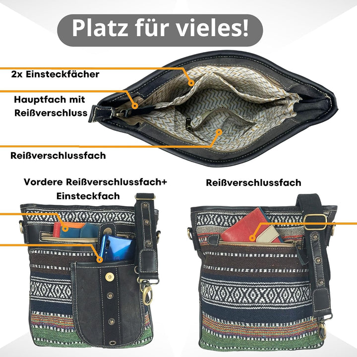 Sunsa Damen Umhängetasche. Crossbody Bag mit Streifen Design. Schultertasche aus Baumwolle &amp; Leder.