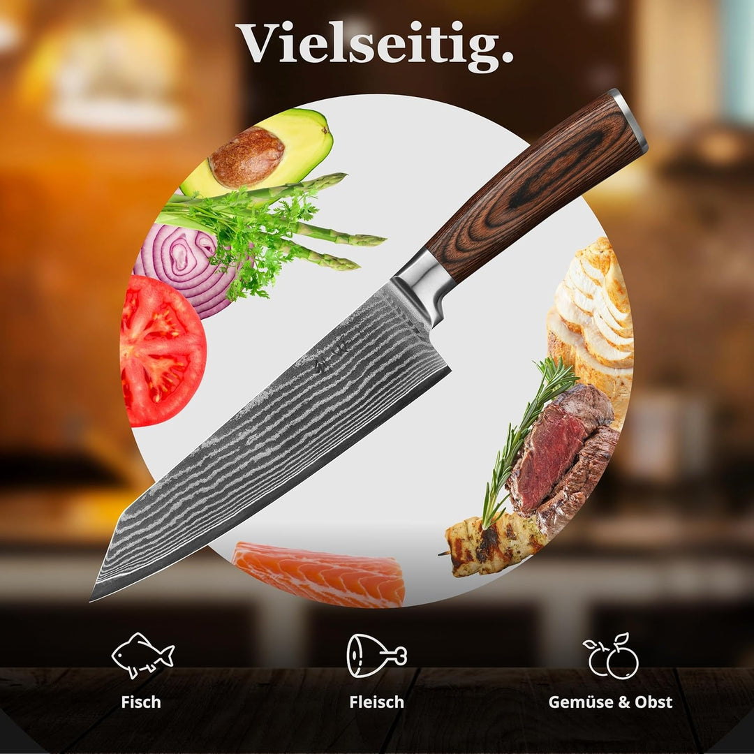 Wakoli EDIB Kiritsuke Messer aus echtem Damaststahl (VG10 Kern) mit 20 cm Klinge – Scharfes Küchenme