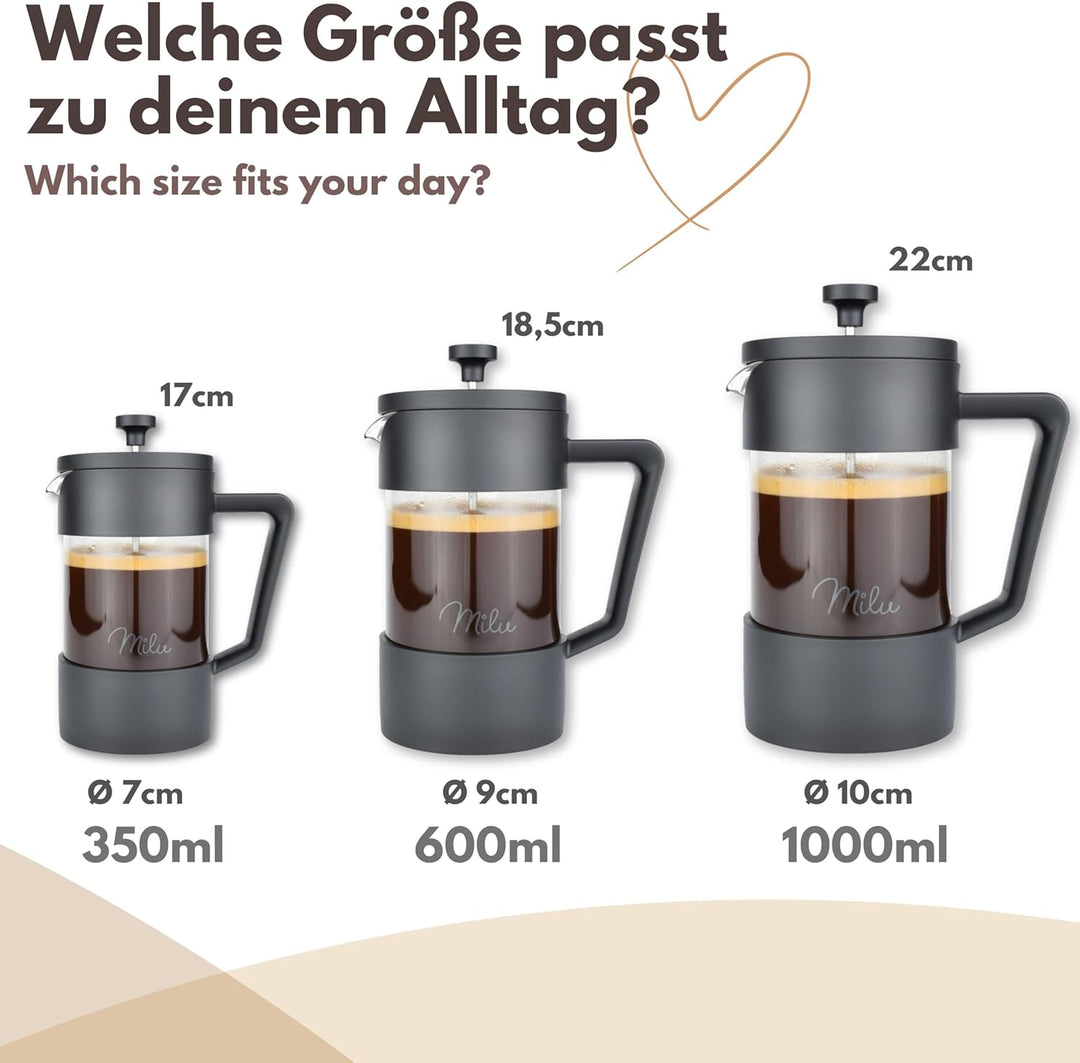 Milu French Press Kaffeebereiter | 350ml, 600ml, 1L | Glas Kaffeepresse, Kaffeezubereiter für Zuhaus