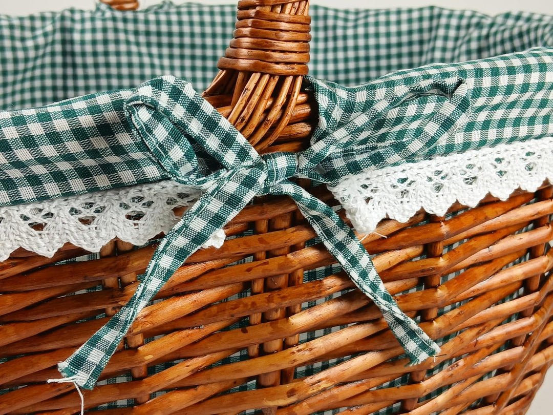 Kobolo Einkaufskorb geflochten Weide -mit Textil ausgeschlagen- grün weiss kariert - 45x34x20 cm