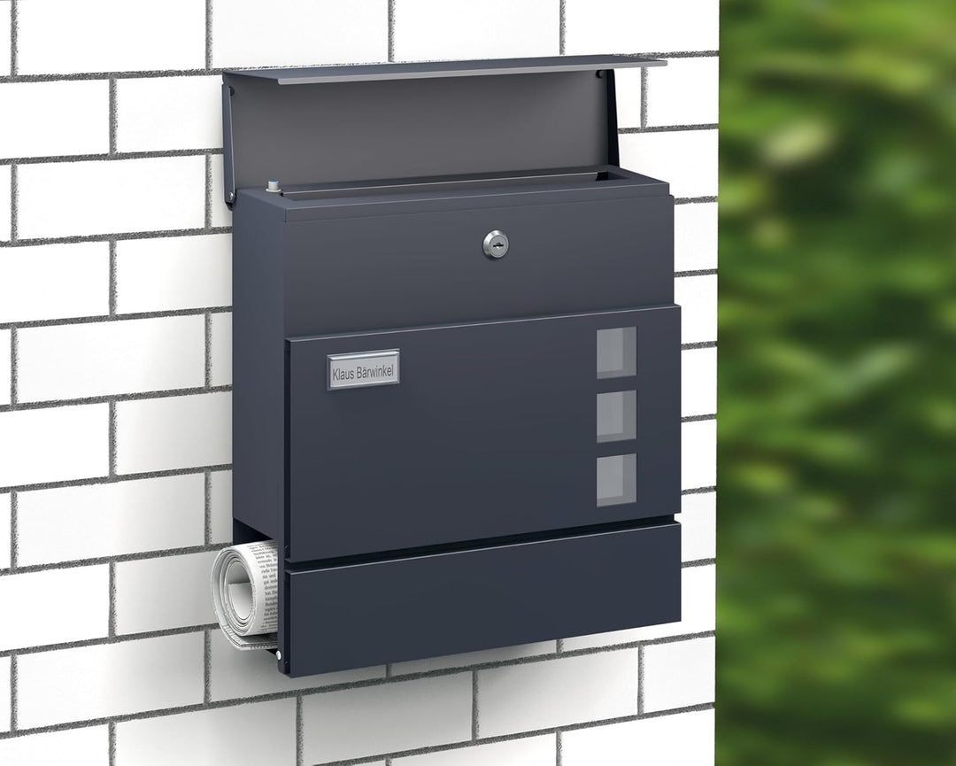 BASI | Briefkasten mit Softclose Klappe, Sichtfenster & Namensschild | DIN A4 Einwurf | inkl. 2 Schl