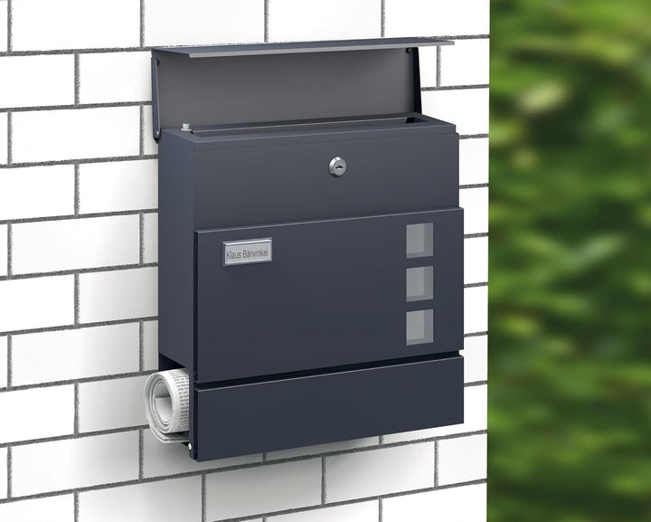 BASI | Briefkasten mit Softclose Klappe, Sichtfenster & Namensschild | DIN A4 Einwurf | inkl. 2 Schl