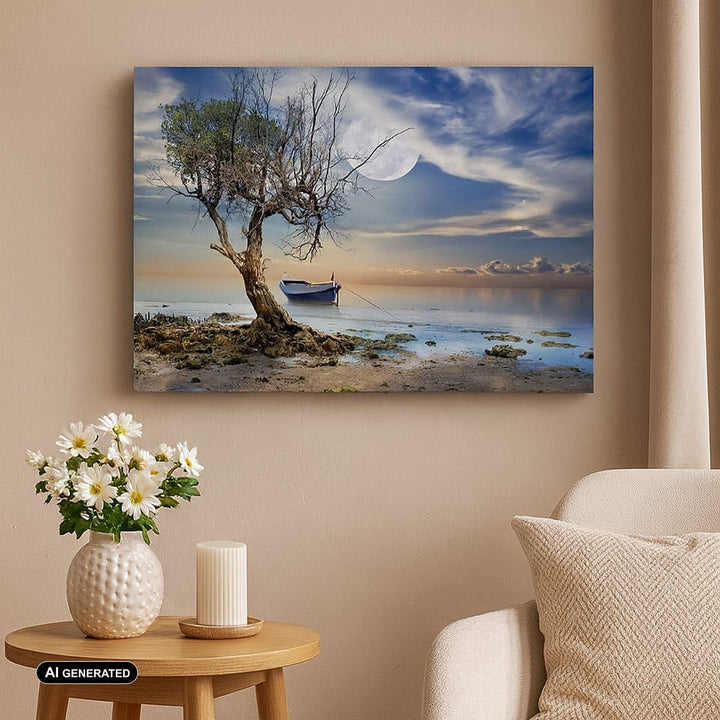 Bilder auf Leinwand 100x70cm Leinwandbild mit Rahmen Nacht Mond Boot Gross Wanddeko Bild Schlafzimme
