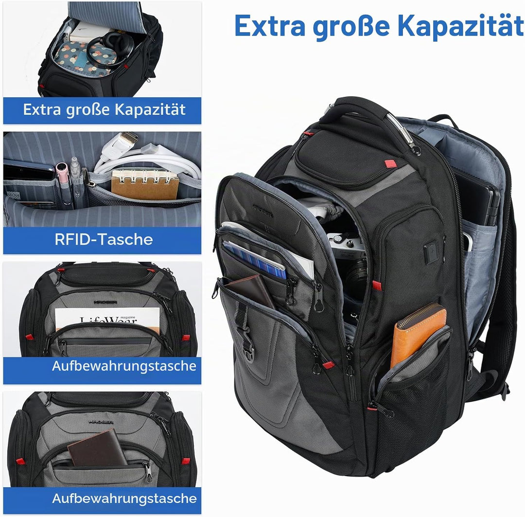 KROSER Laptop Rucksack Herren 17,3 Zoll Business Reiserucksack Handgepäck Wasserdicht mit Hartgeschä