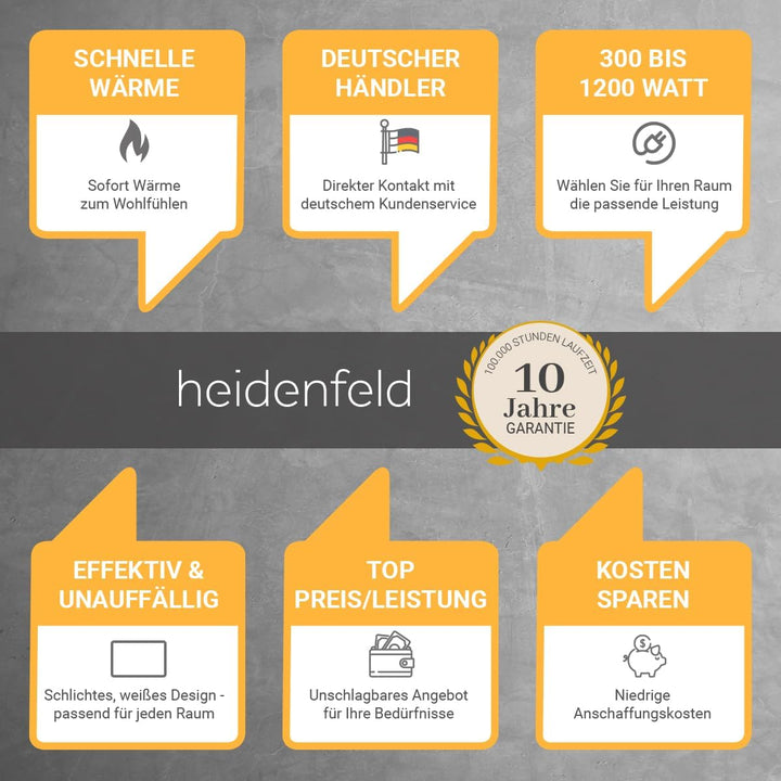 Heidenfeld Infrarotheizung HF-HP106-3 | 𝟭𝟬 𝐉𝐀𝐇𝐑𝐄 𝐆𝐀𝐑𝐀𝐍𝐓𝐈𝐄 - 300 Watt - 3-8 m² - Infrarot Heizkörper