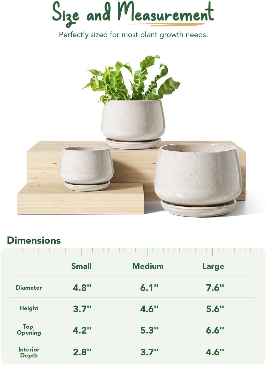 LE TAUCI Blumentöpfe 4,1+5,1+16,5 cm 3er Set Keramik Pflanzgefässe mit Ablaufloch und Untersetzer, I