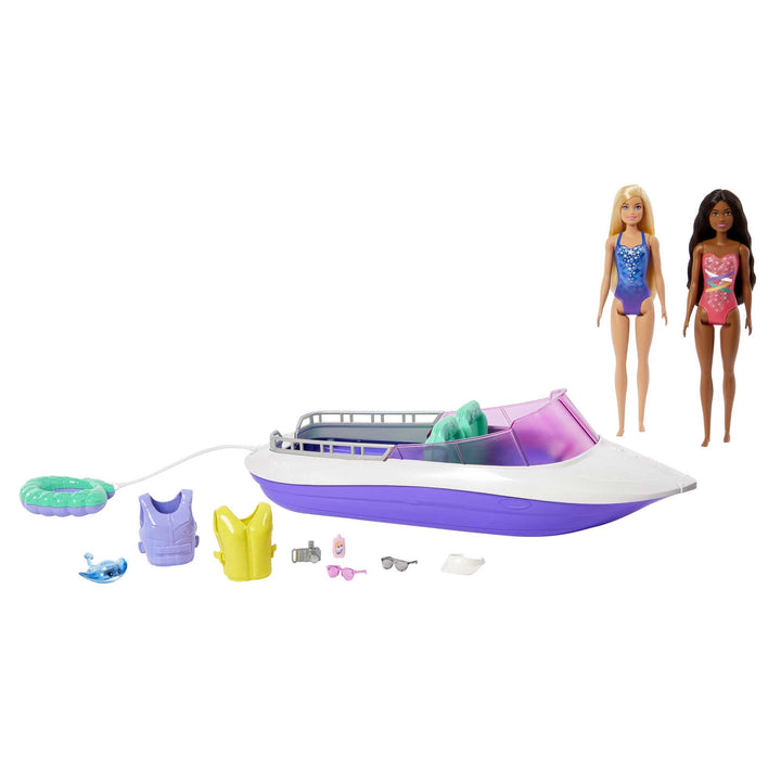 Barbie Malibu Roberts & Brooklyn Puppe - 45,7 cm Schnellboot, 4 Puppen Platz, Glasboden, Schwimmreif