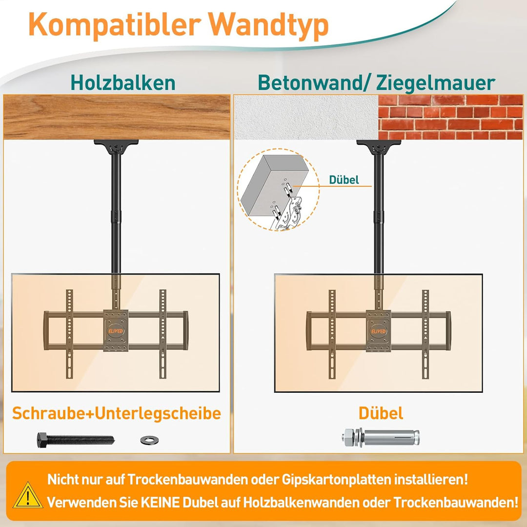 ELIVED TV Deckenhalterung für die meisten 37-75 Zoll Flach & Curved Fernseher bis zu 50KG, max. VESA