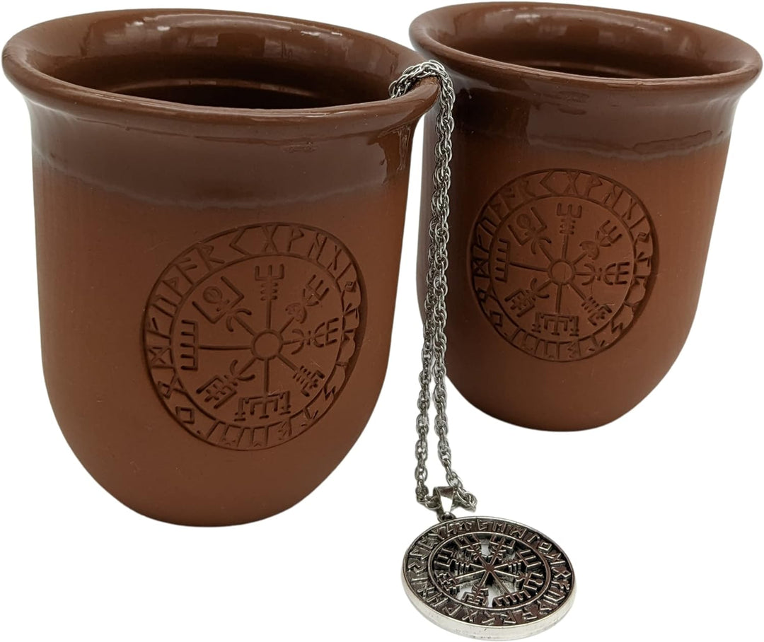 Tonbecher Set Vegvisir - Keramik Becher mit Gravur, Mittelalter Kaffeebecher, 200 milliliters