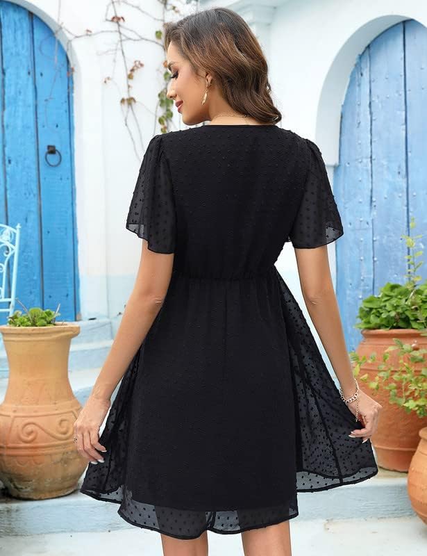 Clearlove Damen Schwangerschaftskleid aus Schweizer Pünktchen-Chiffon mit kurzen Ärmeln für den Somm