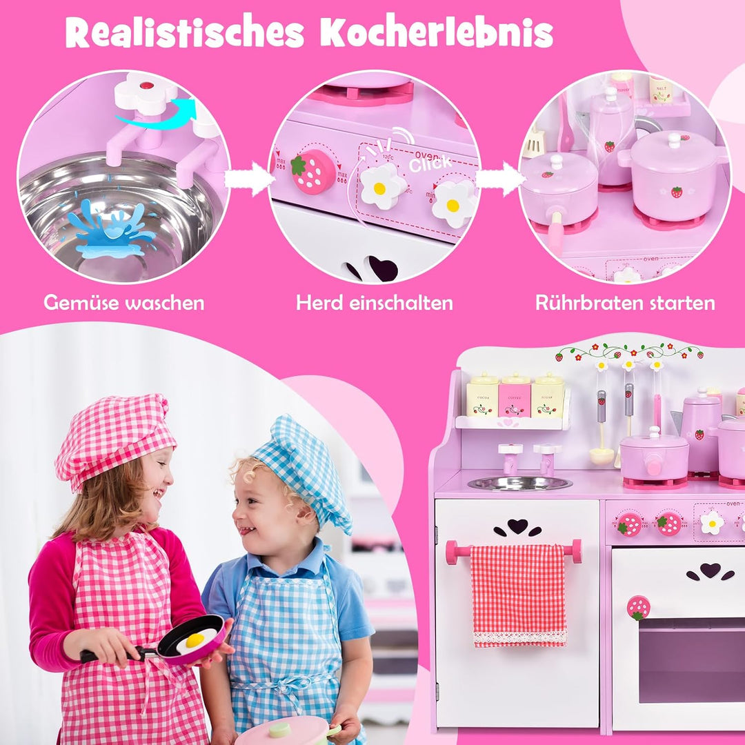 DREAMADE Kinderküche Spielküche aus Holz mit Spielzubehör, Kinderspielküche mit Waschbecken Herd Bac