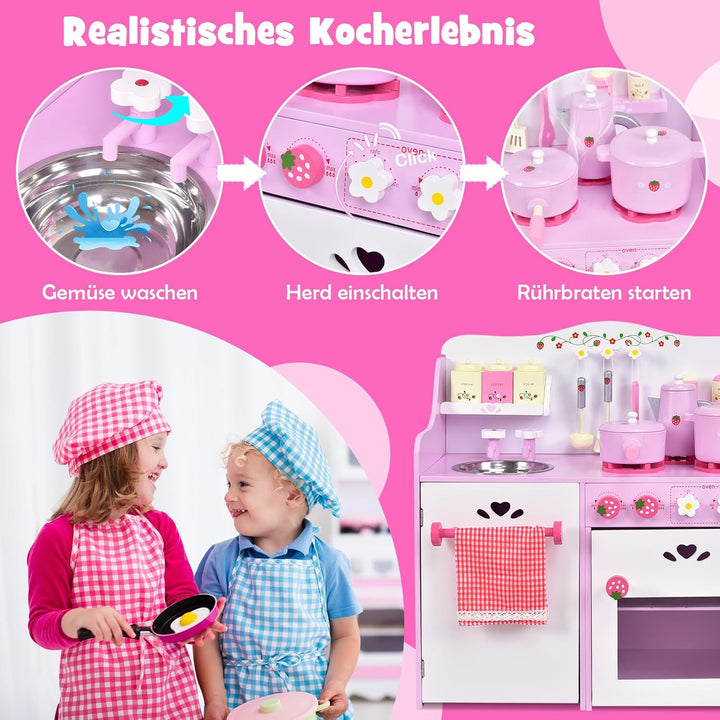 DREAMADE Kinderküche Spielküche aus Holz mit Spielzubehör, Kinderspielküche mit Waschbecken Herd Bac