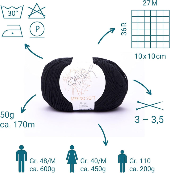 ggh Merino Soft Box | 6x50g (insgesamt 300g) Merinowolle zum Stricken | Lauflänge 170m/50g | Farbe 0