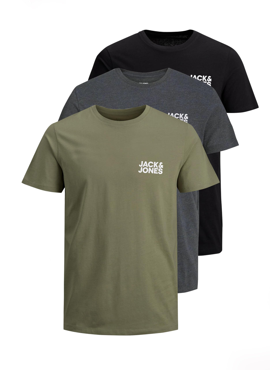 JACK & JONES Herren T-Shirt (3er Pack) M 3er Pack (Grün, Dunkelgrau, Schwarz), M 3er Pack (Grün