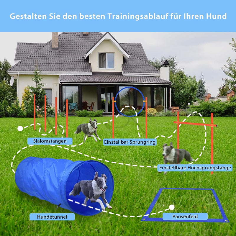 TRMLBE Agility Set Hunde Agility-Ausrüstung Verstellbare Höhe mit Sprungringe, Tunnel, Slalom-stange