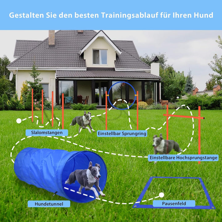 Agility Ausrüstungs Set für Hunde, Hürde Tunnel Training inkl.Slalomstangen, Einstellbar Sprungring,